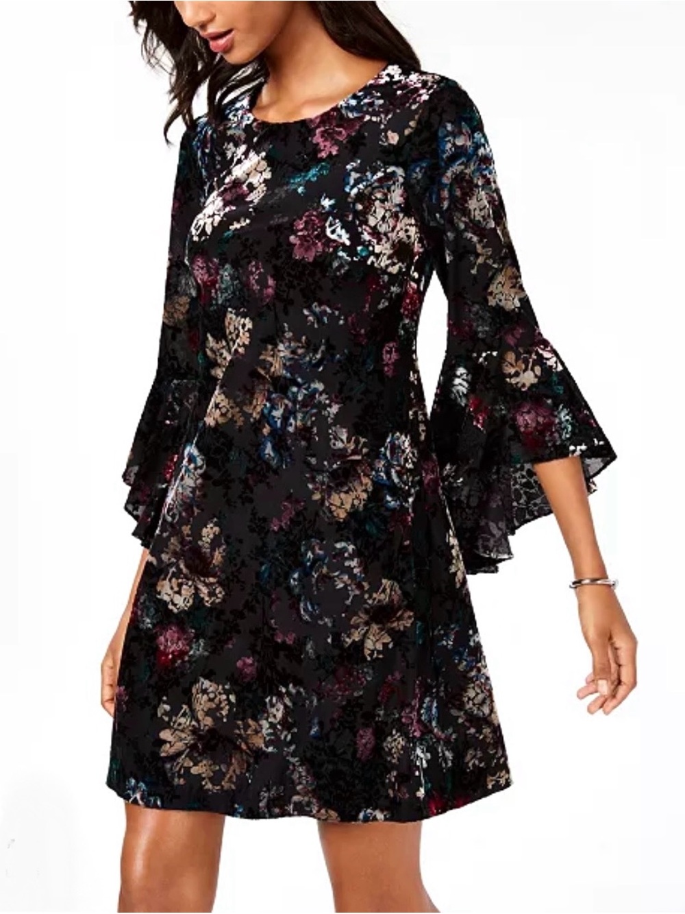 Nine West black velvet floral burnout dress with big bell sleeves whimsygoth
